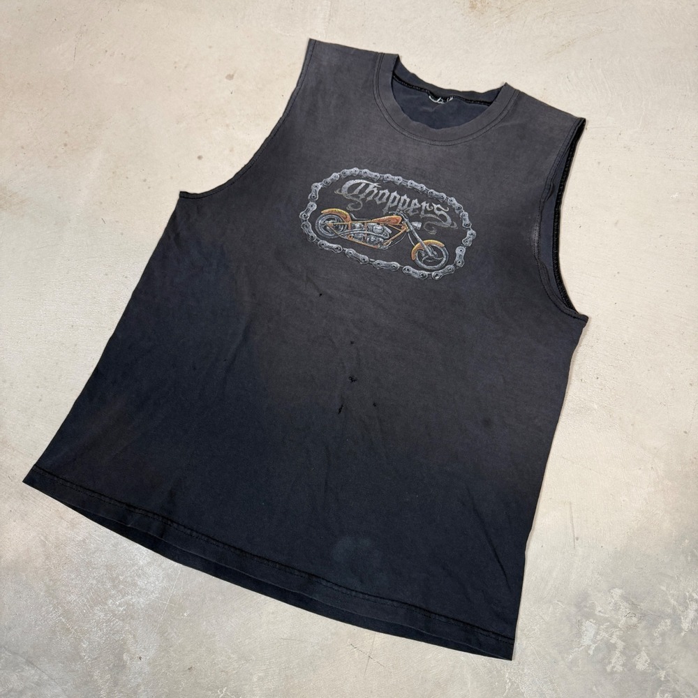 Vintage Choppers Motorcycle Graphic Muscle Tank Top Faded Black Gym distress L